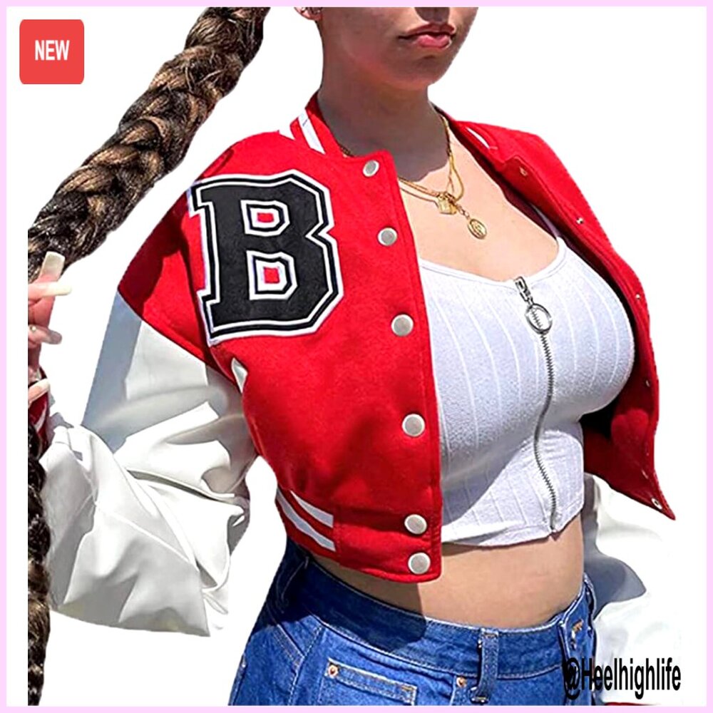 Crop Varsity Baseball Jacket with PU Leather Sleeves, Vintage Y2K Streetwear